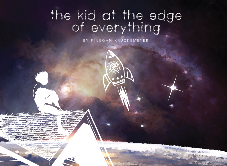 The kid at the edge of everything graphic with rocket ship and stars