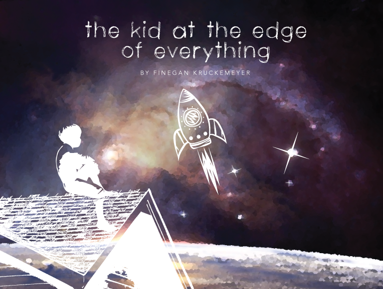 The kid at the edge of everything graphic with rocket ship and stars