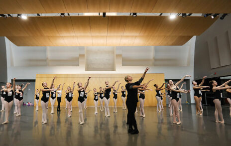 Ballet dancers in studio for center work